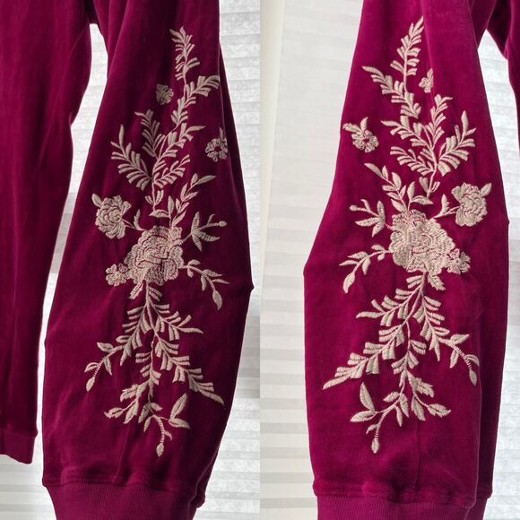 Johnny Was Burgundy Velvet embroidered sweatpants style J60421-7, size M - Picture 2 of 8